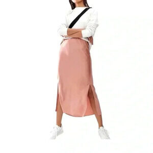 ASOS pink bias cut satin midi skirt with splits